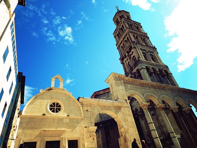 Diocletian (best places to visit in croatia)'s Palace in Split, Croatia at sunset, with bustling activity